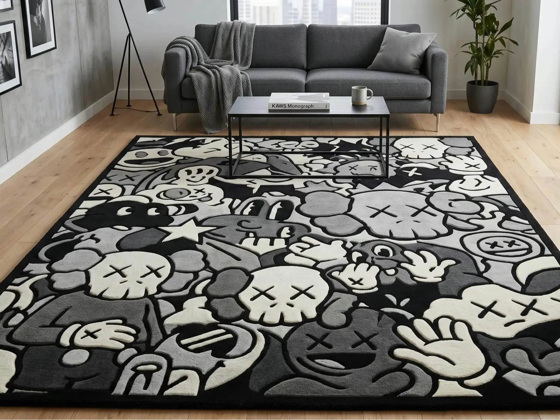 Hand-Tufted Street Art Skull Area Rug - Monochrome Urban Pop Art Carpet, Hypebeast Modern Living Room Decor
