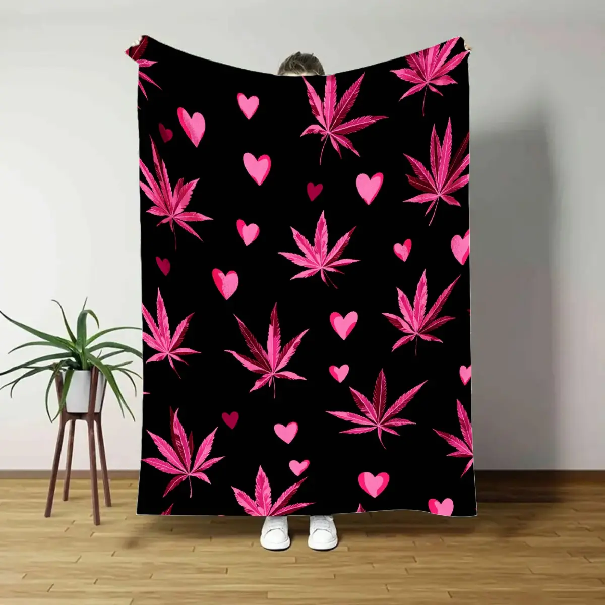 1pc, Pink Cannabis Leaves and Hearts on Black Background Pattern Print It Is A Soft and Comfortable Blanket or Small Blanket.