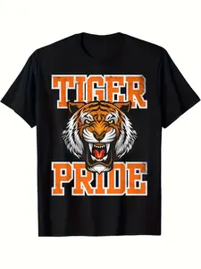 Men’s Tiger Pride Graphic T-Shirt, Black Retro Crew Neck Short Sleeve Tee with Bold Orange & White Tiger Head Print, Soft Breathable Fabric, Comfortable All-Season Fit, Casual Streetwear Shirt for Gaming, Outdoor & Everyday Wear  Classic Cotton