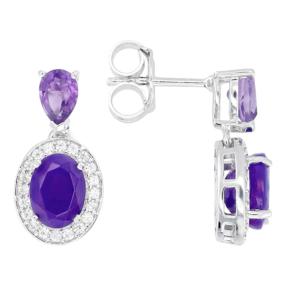 Purple Ethiopian Opal Drop Earrings, Oval Shape Gemstone Set with Amethyst & Zircon Accents, Rhodium Over Sterling Silver, 2.54ctw, Unisex, Casual Wear, Classic