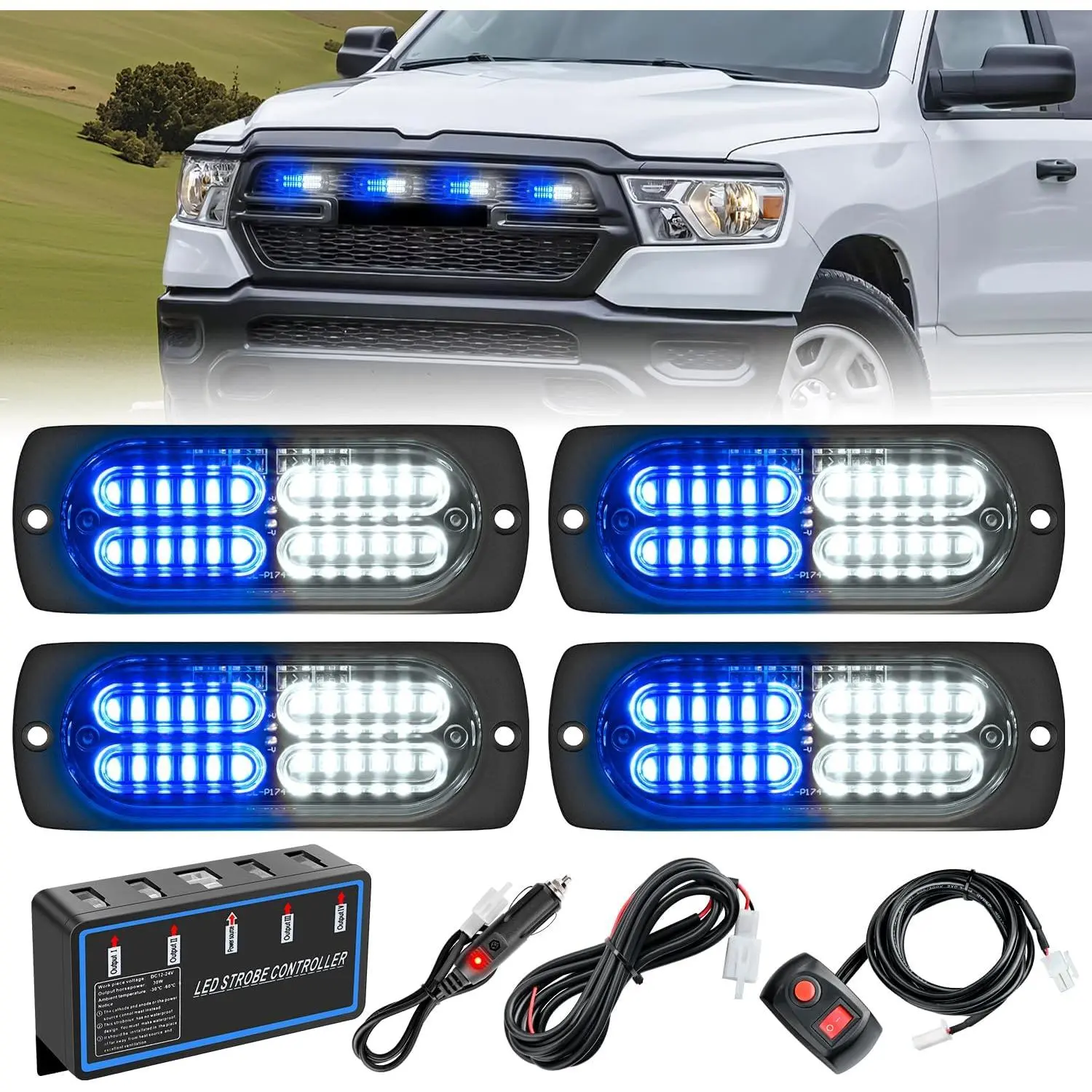 Nilight 4PCS 24LED Strobe Flash Car Light Bar 12V 24V Sync Mode Blue White Working Lights, Aluminum Base Double Row, Controller Included, Plug/Wire Installation for Cars, Trucks, Light Bar Car