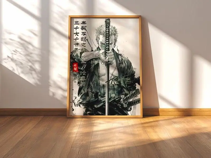 Zoro Inspired Poster, One Piece Samurai Ink Print, Minimalist Anime Decor1 - (Unframe)