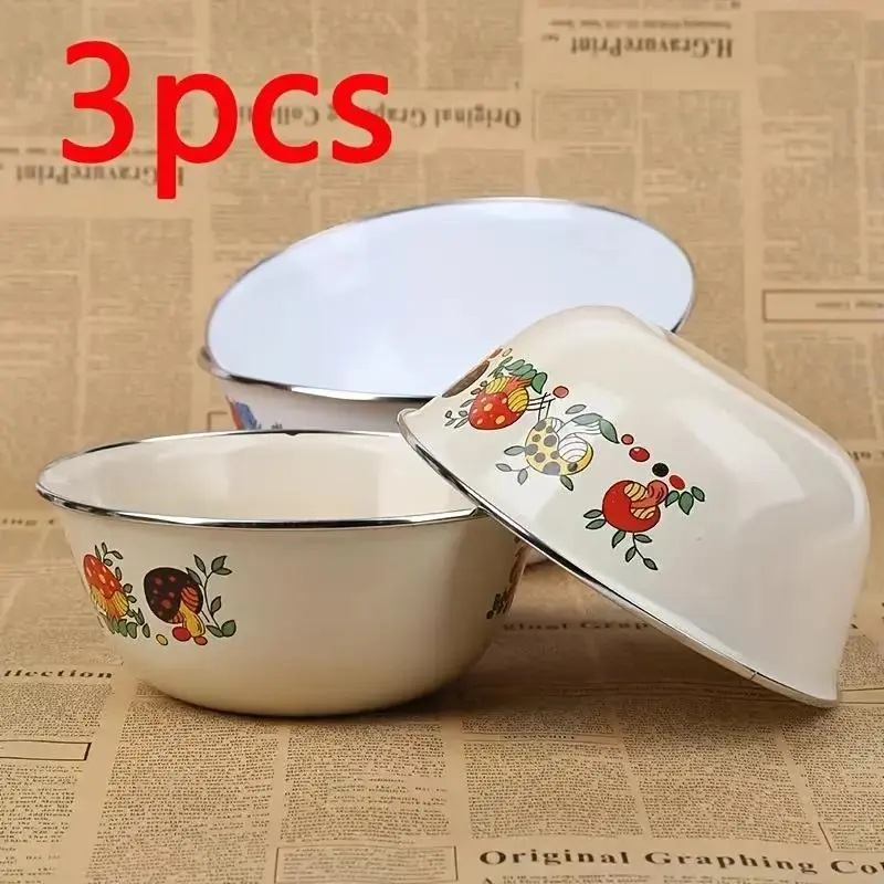 3-Piece Aesthetic Classic Vintage Floral Print Enamel Ceramic Decorative Bowls - Reusable Kitchen Tableware, Durable, Sturdy, Stylish, Dishwasher Safe, Outdoor-Camping Ready, Perfect Gift for Christmas, Easter, Hanukkah, Mother's Day