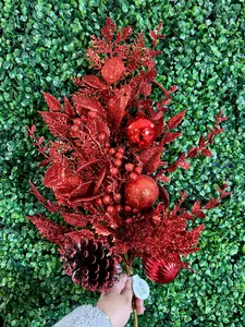 32 Inch Red Glitter Leaf Berry And Cone Spray