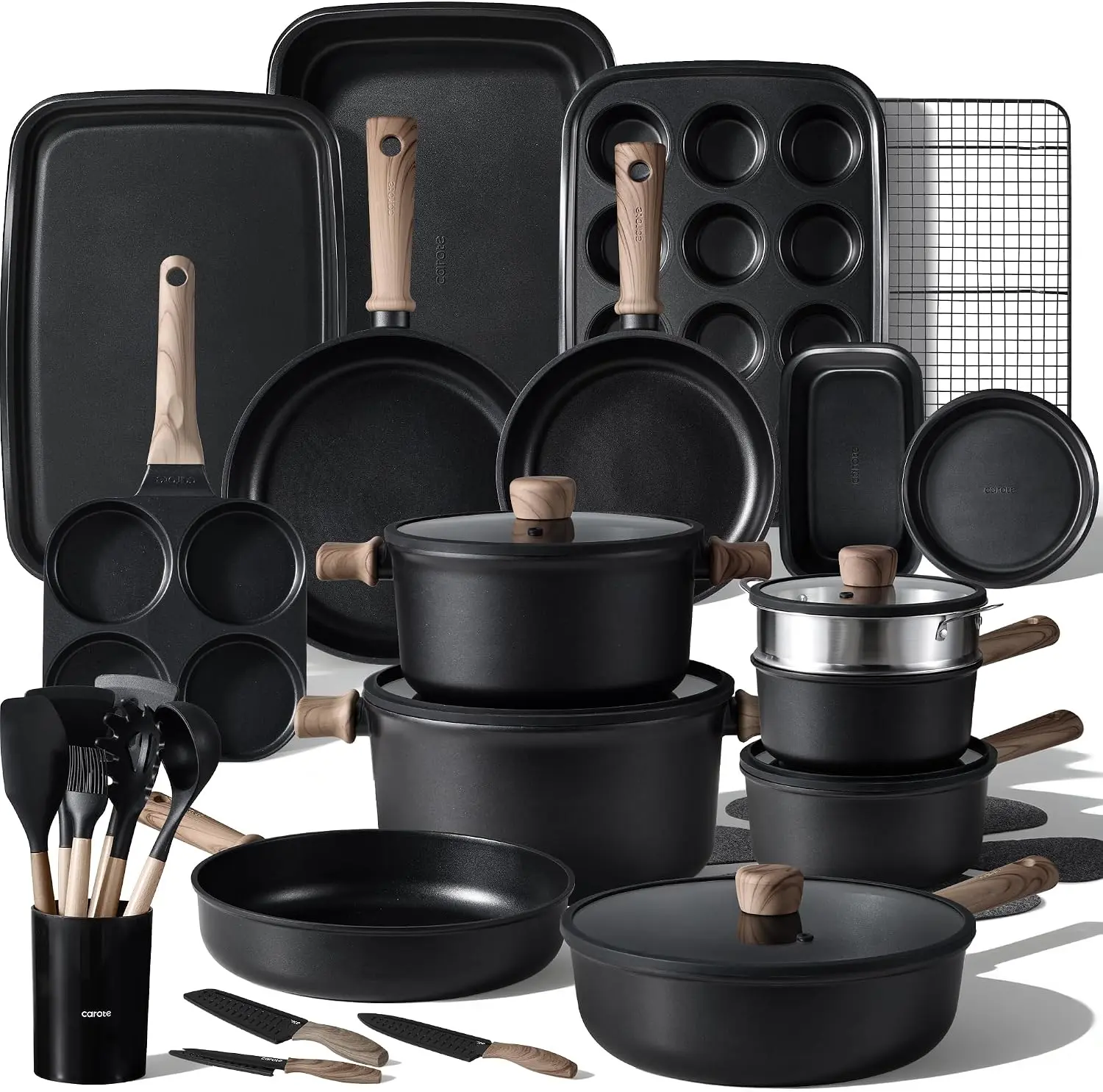 44pcs CAROTE Pots and Pans, Nonstick Cookware Set with Bakeware | Induction Kitchen Cooking Set, Durable, Easy Food Release, Even Heating, with Knife Set Glass Aluminium