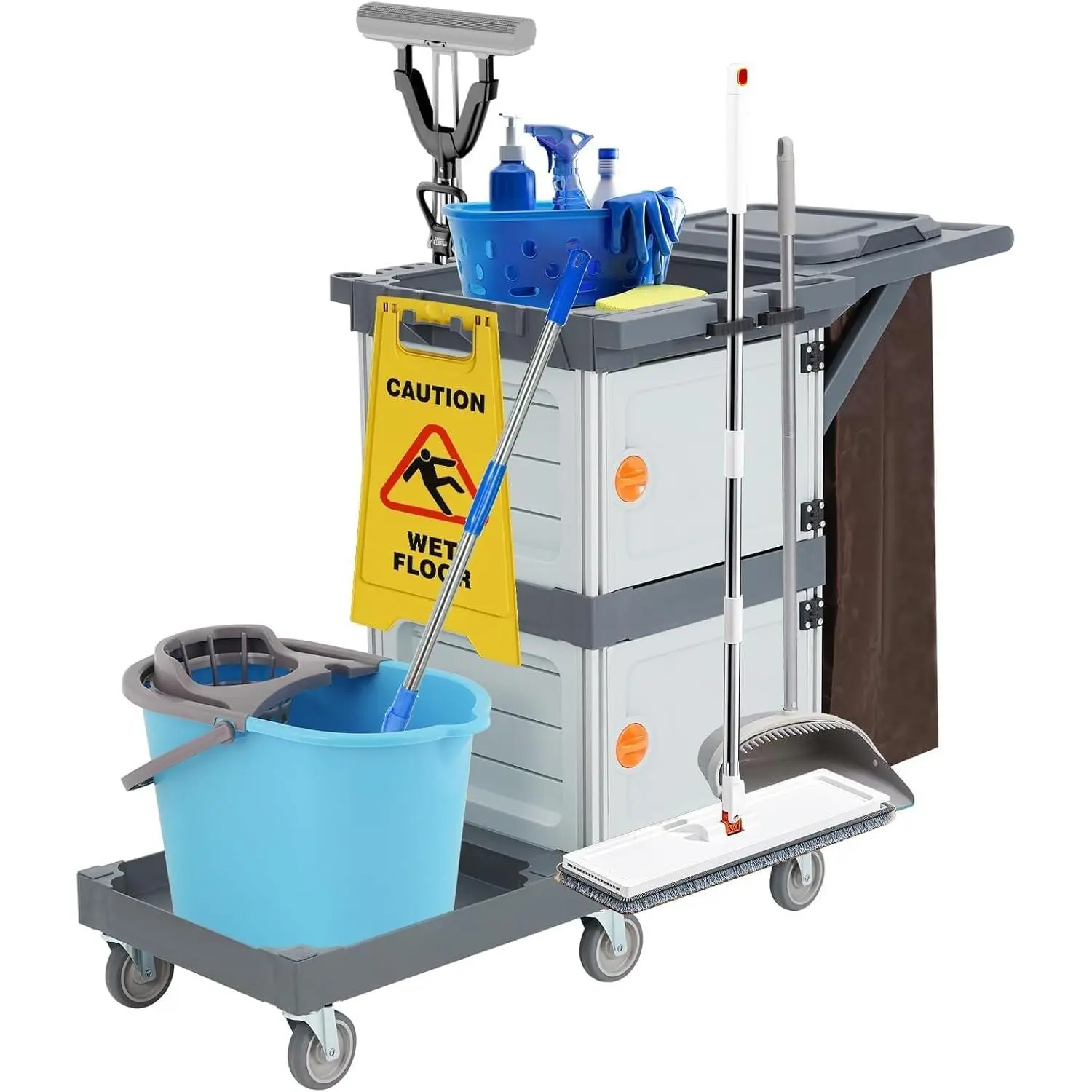 Garvee Commercial Cleaning Cart with 2 Cabinets, Traditional Cleaning Cart with 3 Shelves on Wheels with Cover and Vinyl Bag, for Cleaning Hotels, Apartments