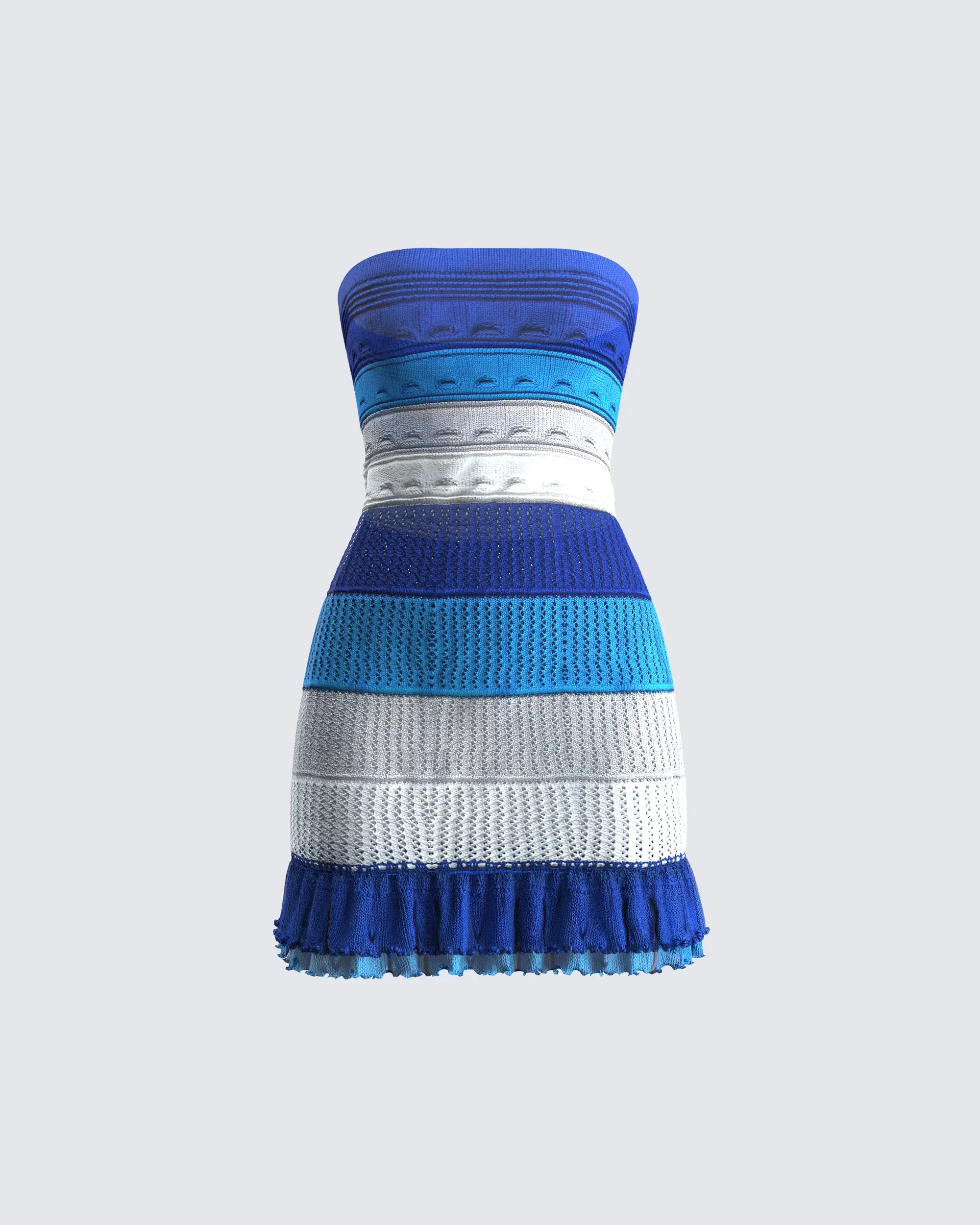 Women's Rania Blue Metallic Nylon Striped Pleated Wrap Bodycon Mini Dress - Strapless, Sleeveless, Silver Casual Wear Piece, Ruffle, Going Out, Lady, Disco Ball Energy, Short Length, Vip Section, Flared, Bandage Dress, Pleated Hem, Blue Accent Stripes Cas
