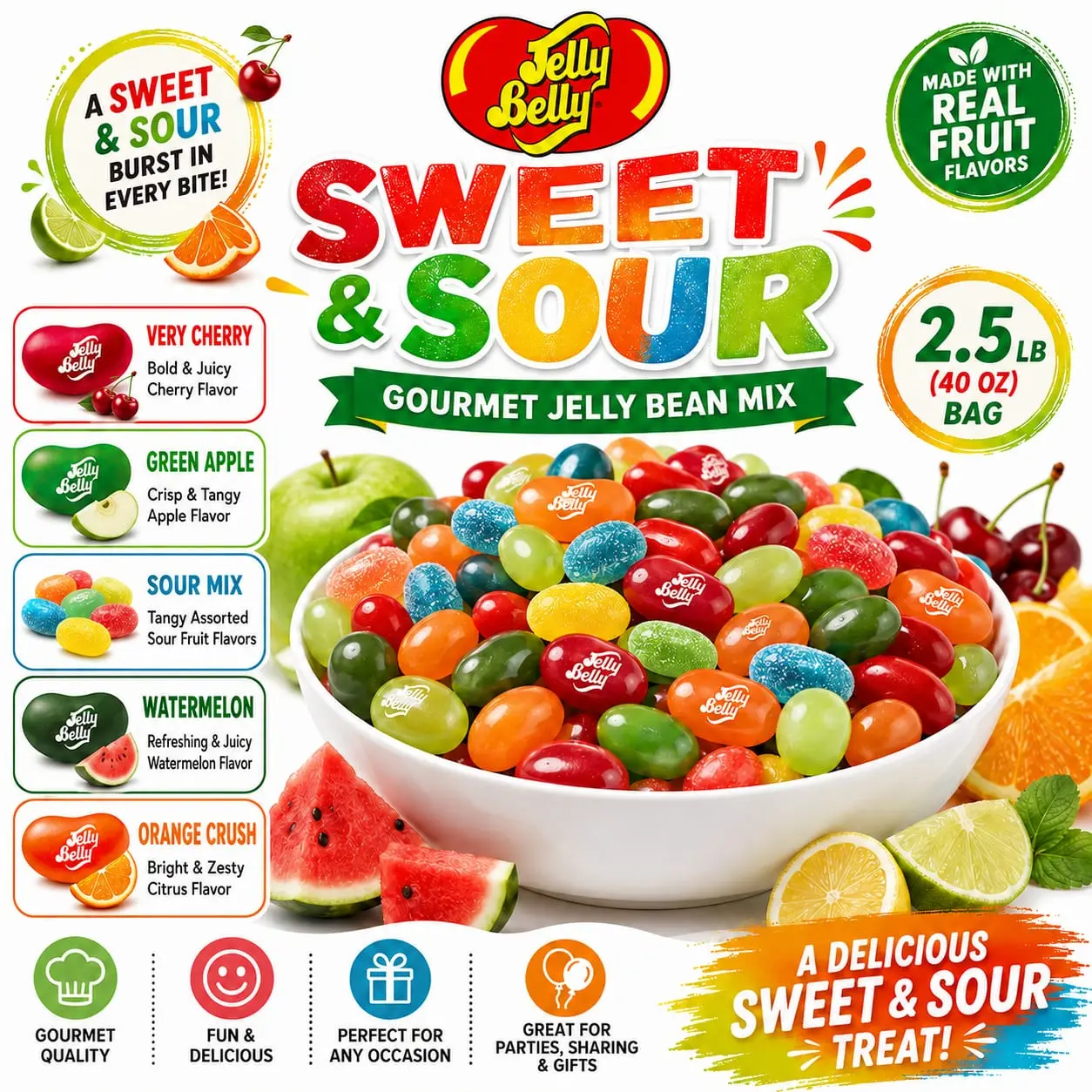 Jelly Belly Sweet & Sour Jelly Beans Snack, 2.5lb Bulk Bag with Very Cherry, Green Apple, Watermelon, Orange Crush Flavors, Premium Soft Chewy Tangy Assortment for Movie Night Parties, Candy Buffets