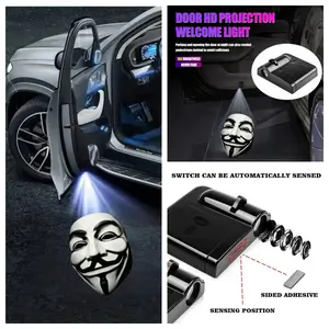2PCS V for Vendetta Car Welcome Logo Projector Lights, Led Door Light, Adhesive No Damage Installation Ambient Lamps, Universal Fit for All Car Models, Car Exterior Interior Upgrade Accessories, Car Light Embellishments