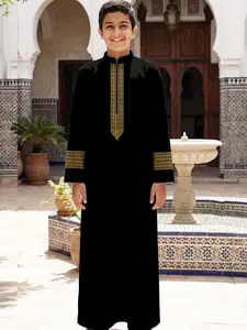 Moroccan Style Boy Stand Collar Jubba Robe, Velvet Body Striped Geometric Embroidery, Multi-Occasion Formal Long Gown