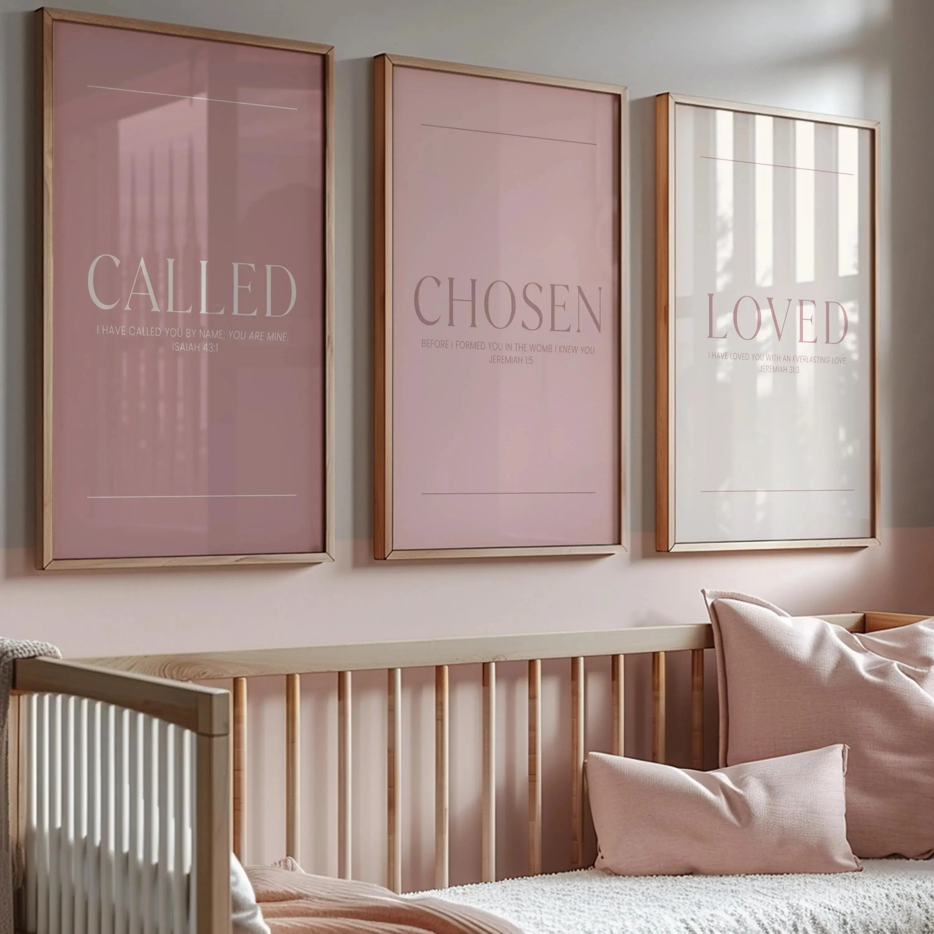 Called Chosen Loved Printable Poster Unframed  Christian Nursery Decor, Bible Verse Set of 3, Blush Pink & Cream Scripture Prints, Baby Girl Room