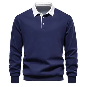 Men's Long Sleeve Polo Shirts Slim-fit Cotton Rugby Shirt Basic Color Spliced Designed Sweatshirt