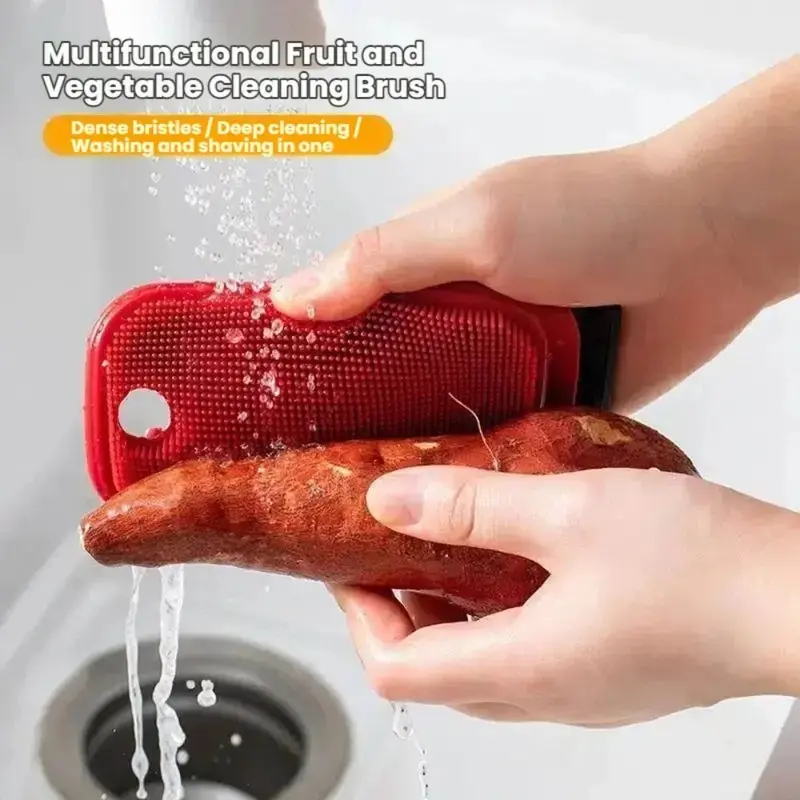 Grey Silicone 2-in-1 Fruit & Vegetable Cleaning Brush with Crevice Cleaner, Scraper and Hangable Design for Kitchen Use