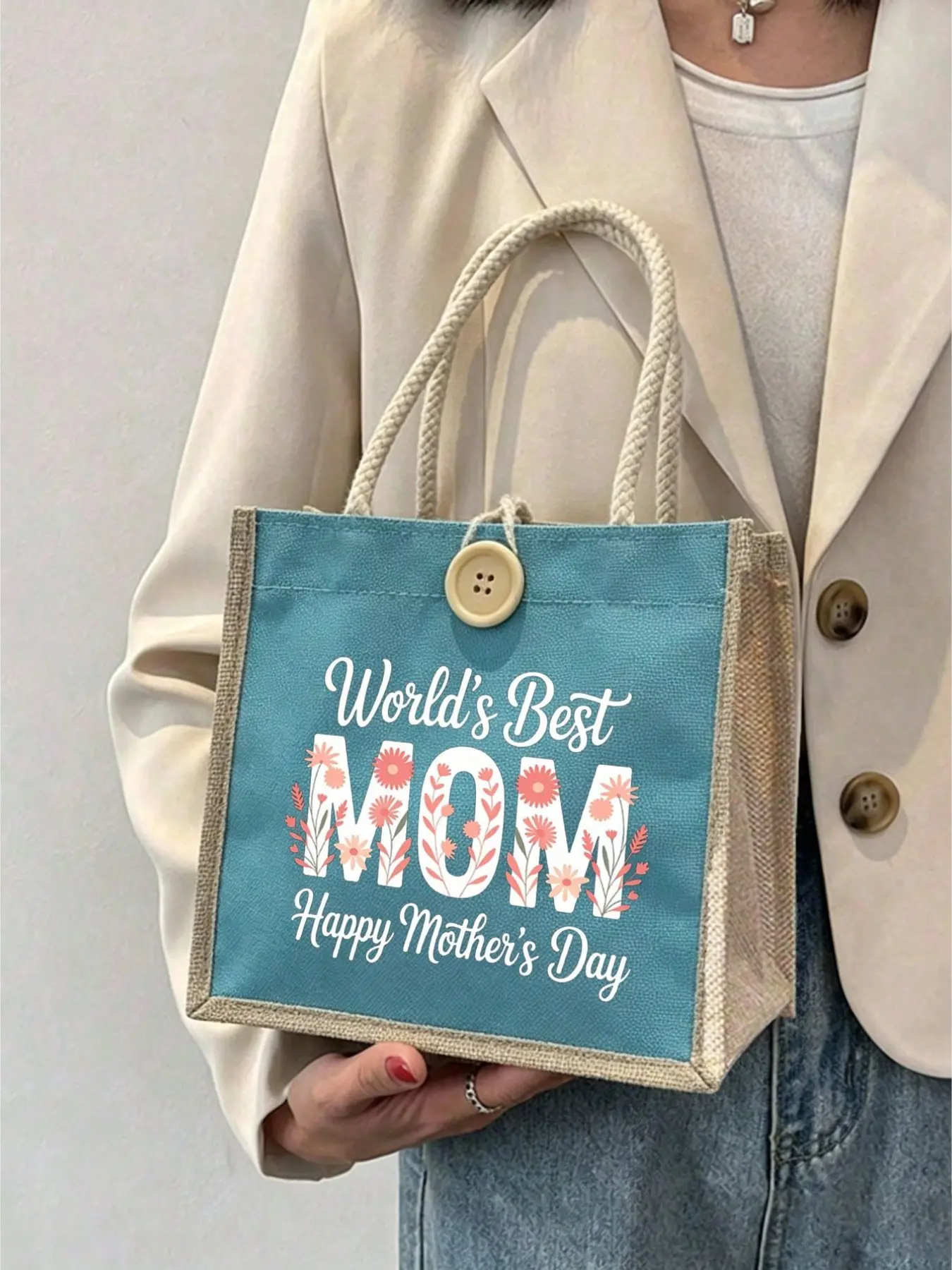 World Best Mom Floral Canvas Tote Bag, Mother's Day Gift Bag with Rope Handle, Reusable Shopping Bag, Compact Cosmetics Travel Bag