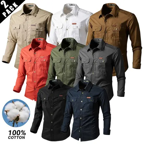Set of 2 men’s 100% cotton long-sleeve collared work shirts; solid-color casual multifunctional tops; breathable, versatile summer wear that resists abrasion; dad shirt, men’s button-up shirt, stylish shirt