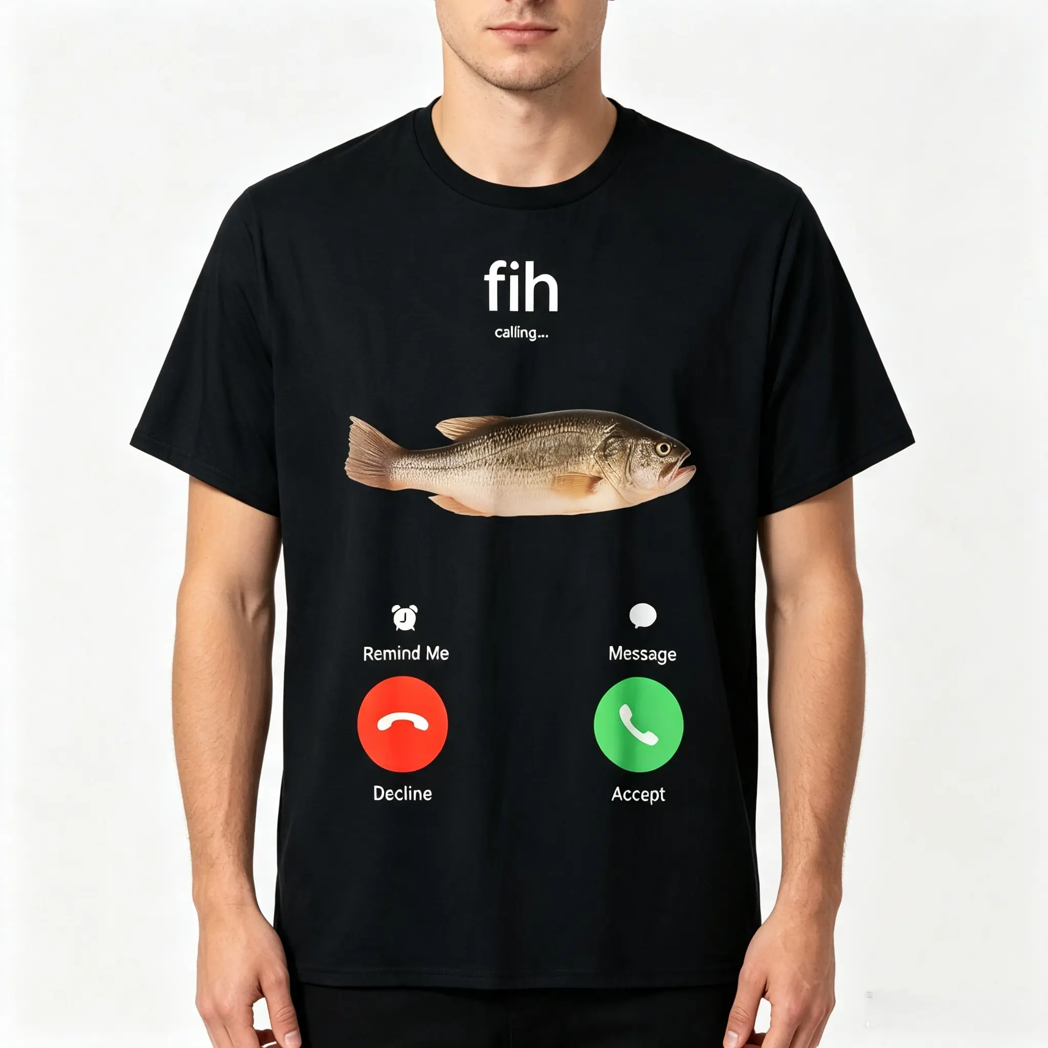 Men's 100% Cotton Fitted Short-Sleeve Crew Neck Printed T-Shirt - Basics with Fish Graphic, Fitted Cut, All Seasons Casual Streetwear, Call Reminder, Message Alert, Call Accept/Decline Athletic Top