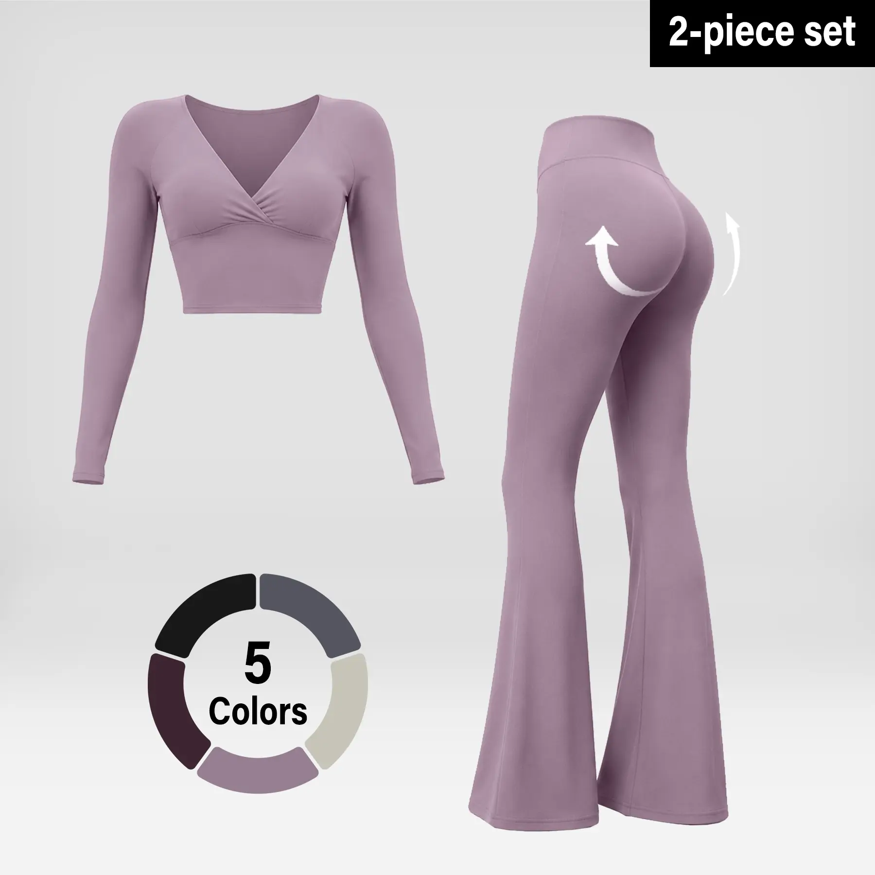 Matching Sets Women 2 Piece V-Neck Long Sleeve Flare Leggings Yoga Set High Waisted Tummy Control Workout Sets For Women Buttery Soft Activewear Fitness Running Outfits Quick Dry Breathable Gym Suit Snatched Slimming Outdoor