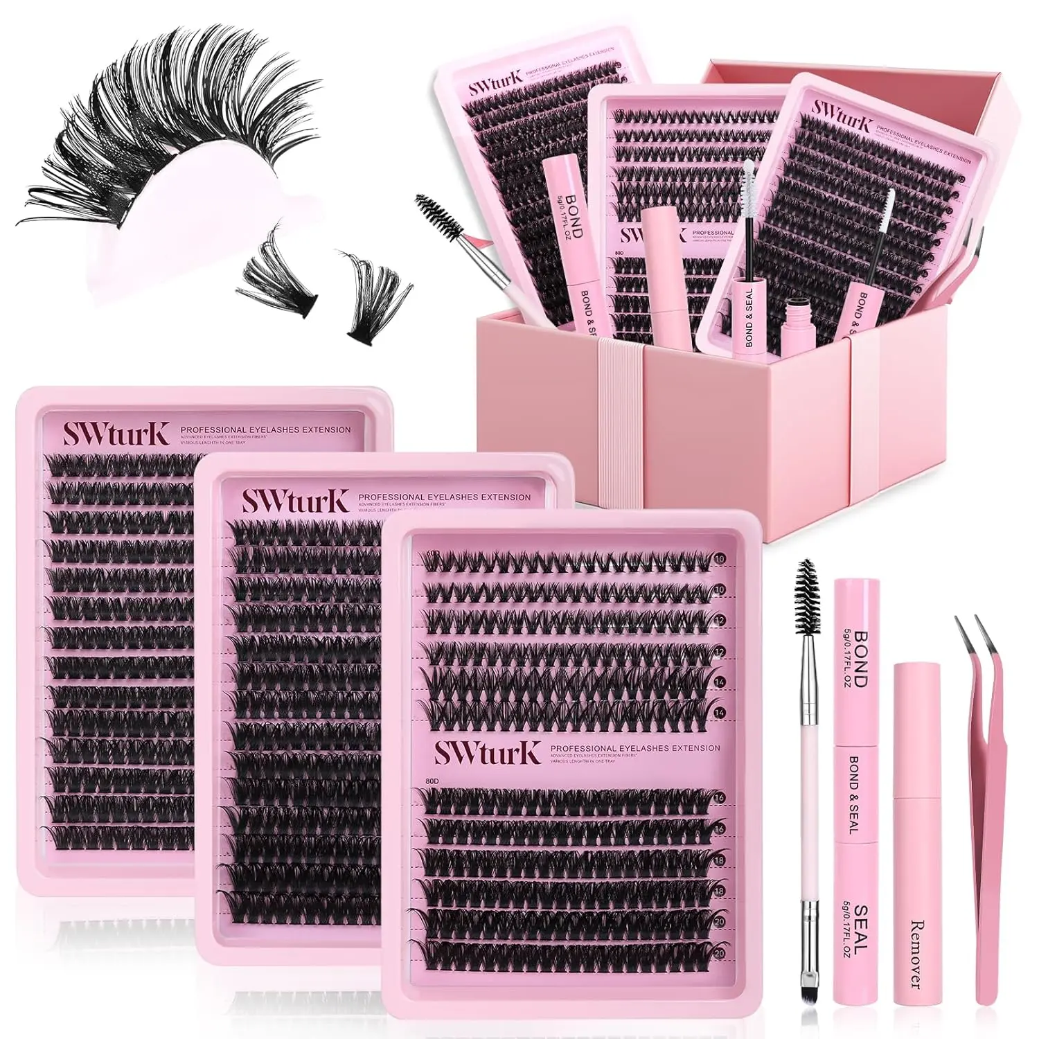 Professional Complete DIY Lash Extension Set, Lash Clusters Kit DIY 800pcs eyelash extension kit 3 styles 60D+80D+100D 12-20mm D curl with lash bond&seal