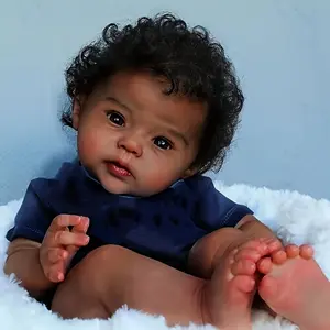 A complete set for the baby Realistic Reborn Baby Doll Raven Lifelike Curly Hair Dark Brown Skin Soft Touch Vinyl Bathable Blue Onesie Perfect Gift for Holidays Birthdays Playtime Safe Newborn Substitute
