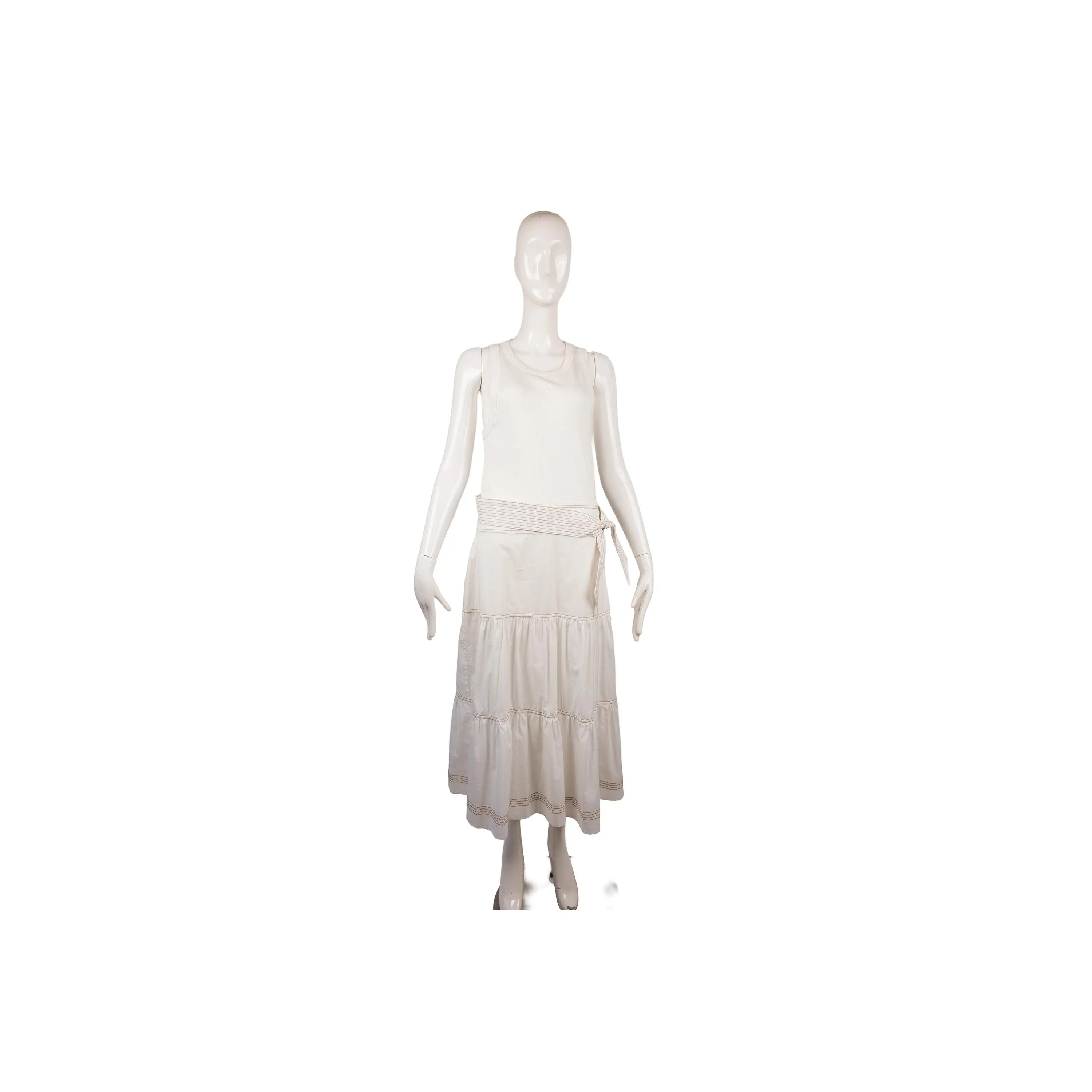 Veronica Beard White Cotton Contrast-Stitch Tiered Maxi Dress Size M