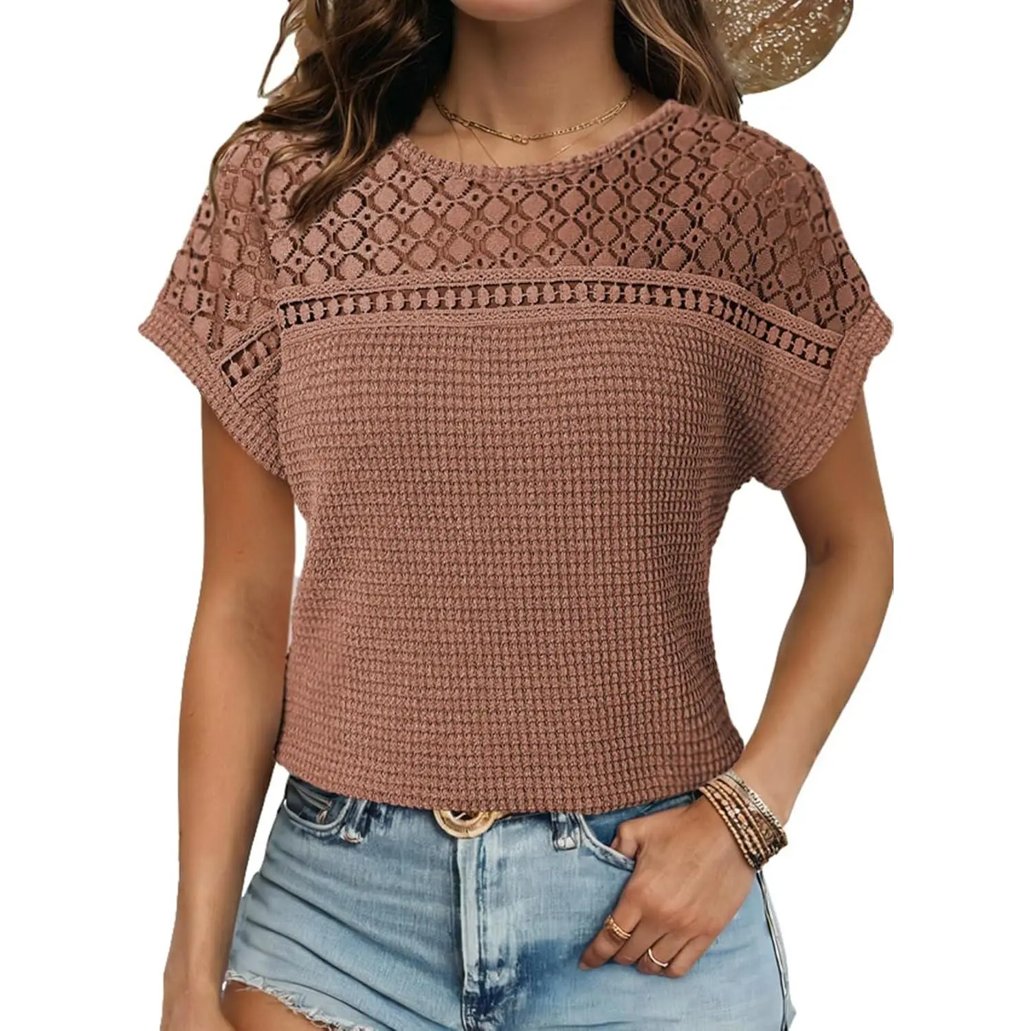 Women's Bohemian Loose Fit Waffle Knit Top - Short-Sleeve, Hollow Out, Scoop Neck, Batwing Tunic Blouse, Multi-Size, Aruba Blue, Ethnic Womenswear, Bohemian Casual Top, Casual, Batwing Sleeve, Loose-Fitting, Shirts, Shortsleeve, Lady, Casual Women's Knitw