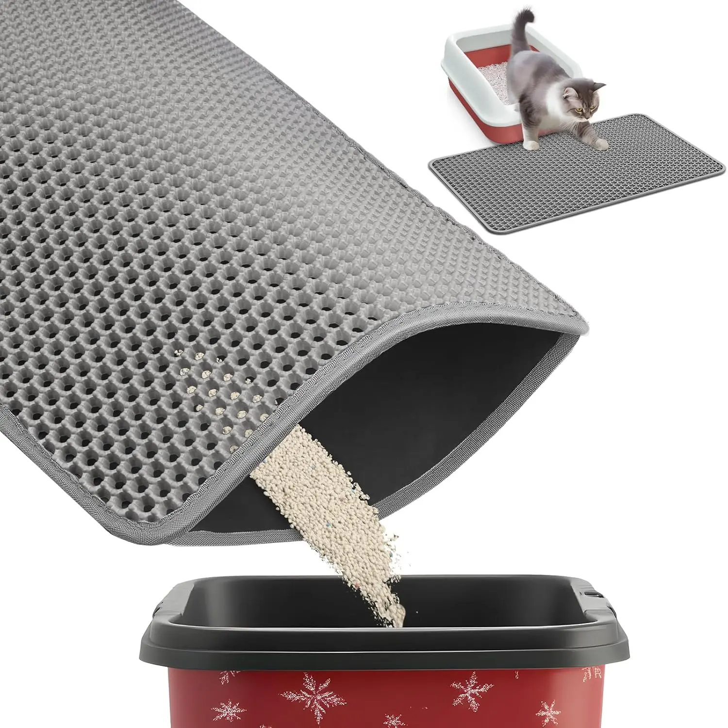 Ultra-Large 30" x 22" Cat Litter Mat - Ultra-Large Litter Box Mat with Double Layers, Urine-Proof and Non-Slip Litter Trapping Mat, Easy to Clean Kitty Litter Mats for Floor, Scatter Control, Grey