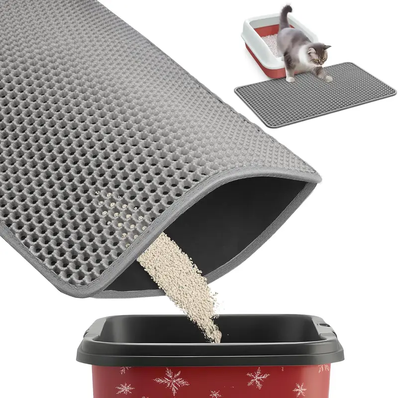 XXL (30" X 22"'') EVA Cat Litter Mat with Honeycomb Holes - Double-Layer, Urine-Proof, Non-Slip Trapper, Easy-to-Clean, Scatter Control, Grey, Crease-Removable, Works with Clumping Litter