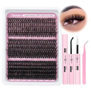 Yawamica Lash Extension Kit 360pcs Wispy Lashes Clusters D Curl Eyelash Clusters 50D 70D 90D Eyelash Extension Kit 10-18mm DIY Lash Clusters Kit with Bond