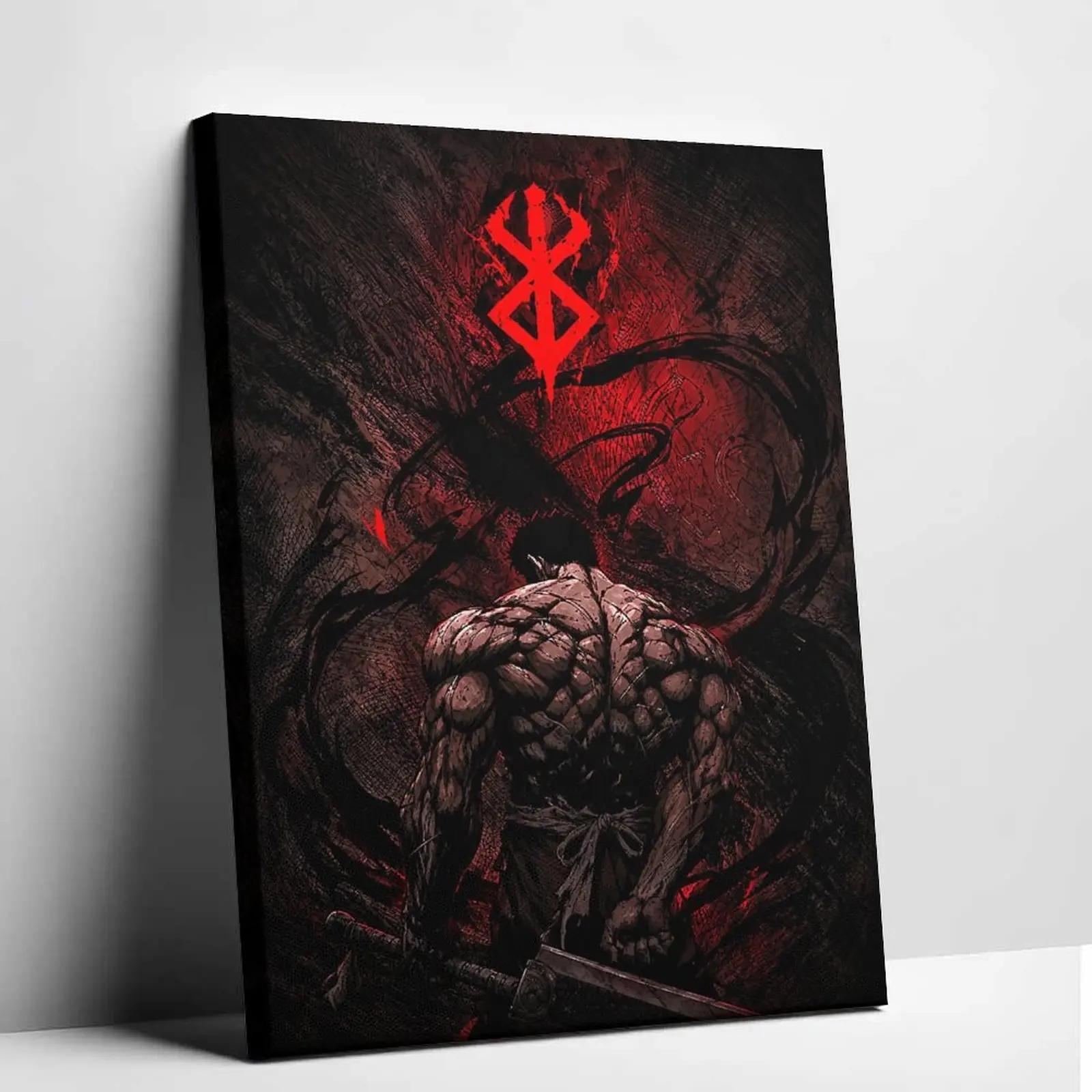 Berserk Inspired Black Swordsman Wall Art, Dark Fantasy Warrior Canvas, Red Mark Poster, Manga Style Room Decor, Anime Collector Artwork