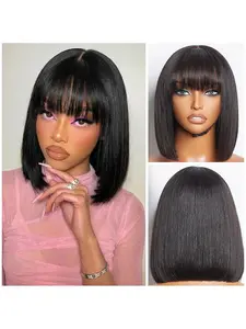 Bob Wig with Bangs HD Lace Hairline Short Black Synthetic Wig Bob Wigs Wear and Go Glueless Wigs for Black Women 10Inch