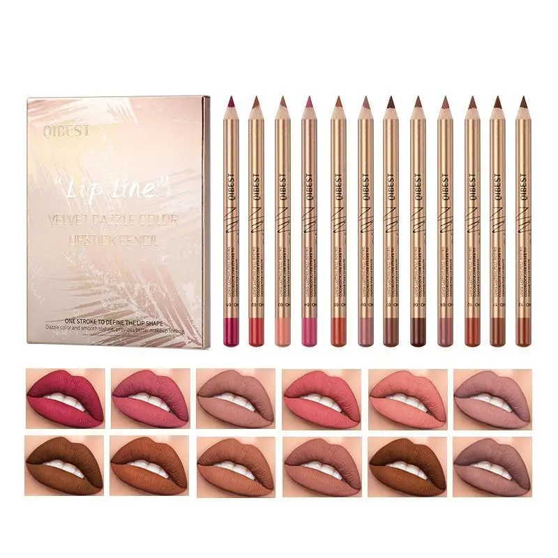 Lip Liner Set 12 Pieces, Lip Definer, Velvet Glossy Lipstick Pens, Matte Gold Tube, Suitable for Full Lips, 3D Lip Sculpting