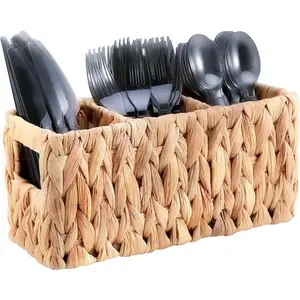 Wicker Party Silverware Caddy, Small Water Hyacinth Plastic Cutlery Utensil Holder, Hand Woven with Handles, Kitchen Countertop and Picnic flatware Organizer