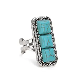 Rustic Couture's Western Turquoise Statement Ring for Women, Antique Silver Plated Adjustable Open Ring with 3 Square Synthetic Turquoise Stones, Southwestern Cowgirl Jewelry