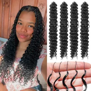 Women's Pre-Separated Feather Crochet Synthetic Hair Extensions, 18-24 Inch Deep Wave/Water Wave, Invisible Wear Bundles for Boho Braids (Natural Black)