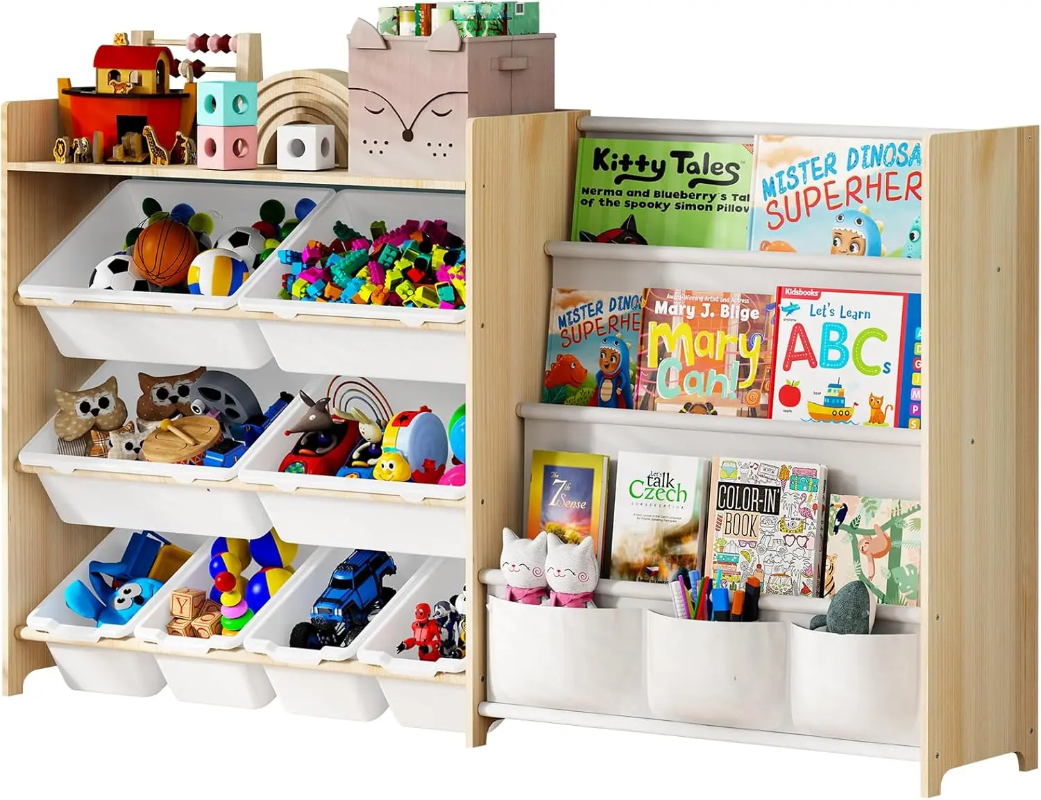 Tools Storage Organizer, Tools Organizer with 4 Tier Bookshelf, Toy Storage with Shelf and 8 Bins, Bookshelf and Toy Storage for Playroom, Bedroom, Room, Classroom