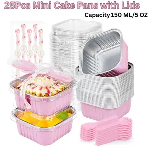 25 Pack Mini Cake Pans with Lids & Spoons – 5oz Disposable Aluminum Foil Baking Cups, Small Loaf & Muffin Pans for Cheesecake, Cupcakes & Desserts, Party, Catering & Meal Prep containers- Mother day gift