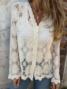 Women's Floral Crochet Lace V-Neck Long Sleeve Button Cardigan, Casual Loose-Fitting Knit Cardigan for All Seasons, Plain Pattern, Womenswear Knitwear
