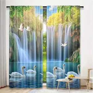2 Piece Half-Blackout Curtains, Autumn Natural Landscape Theme, Forest Tree River View Privacy Drapes, Transparent Design for Bedroom Living Room Office Home Decor