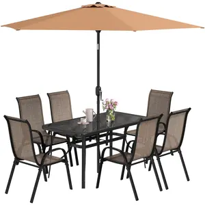 Outsunny 8 Pieces Patio Table and Chairs Set with 9 Ft Patio Umbrella, Outdoor Dining Set with 4.5 Ft Dining Table and 6 Chairs, Push Button Tilt and Crank Parasol, Tempered Glass Top, Mixed Brown