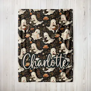 Personalized Spooky Cute Ghost Reading Books Blanket | Soft and Cozy Blanket For Halloween | Custom Halloween Blanket