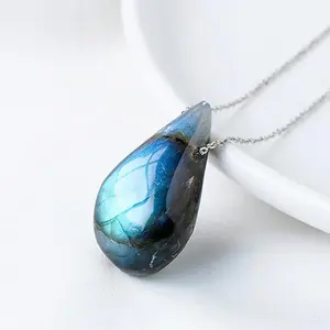 Natural Labradorite Moonstone Pendant |   Raw Stone Polished Collarbone Necklace, Crystal Jewelry Pendant, Elegant Gift