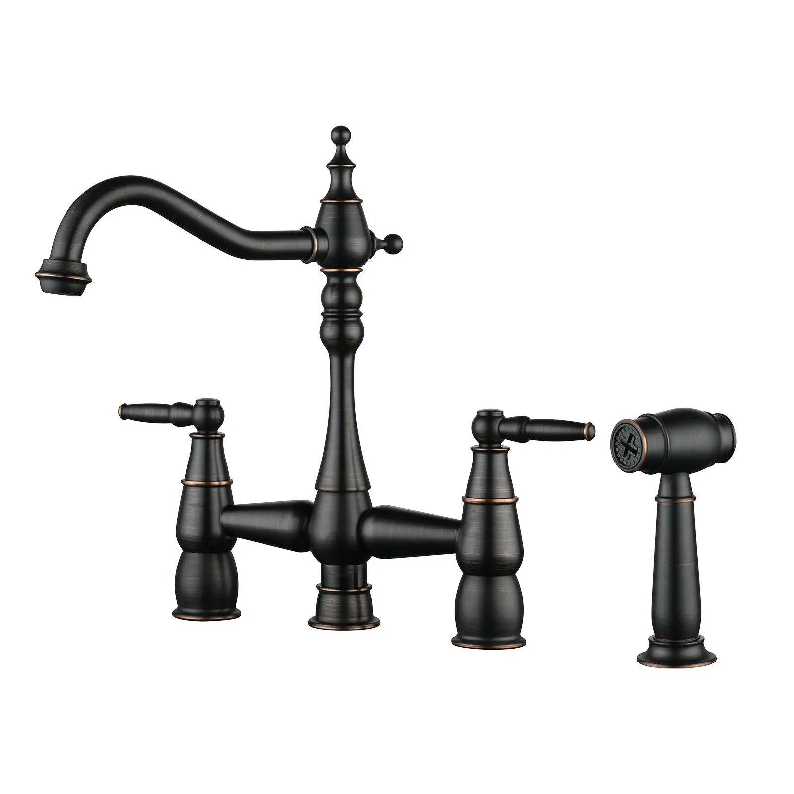WOWOW Oil Rubbed Bronze Bridge Double Handle Kitchen Faucet - Deck Mount Brass 4-Hole Fixture with Sprayer Attachment, Faucet Aerator, 360° Swivel Vintage Farmhouse Design, Double Handle Faucet