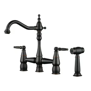 WOWOW Oil Rubbed Bronze Bridge  Kitchen Faucet, Deck Mount Brass Faucet with Side Sprayer, 2 Handle 4 Hole 360° Swivel Vintage Farmhouse Copper Faucet