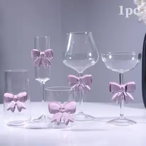 Pink Bow Collection Glass Wine Goblet, Stylish Glass Cups, High Temperature Resistant Food Grade BPA Free Lead & Cadmium Free Clear Drinking Cup, Dishwasher Safe for Fruit Tea Red Wine, Ideal for Home Bar Party Wedding Daily Use, Perfect Gift for Women