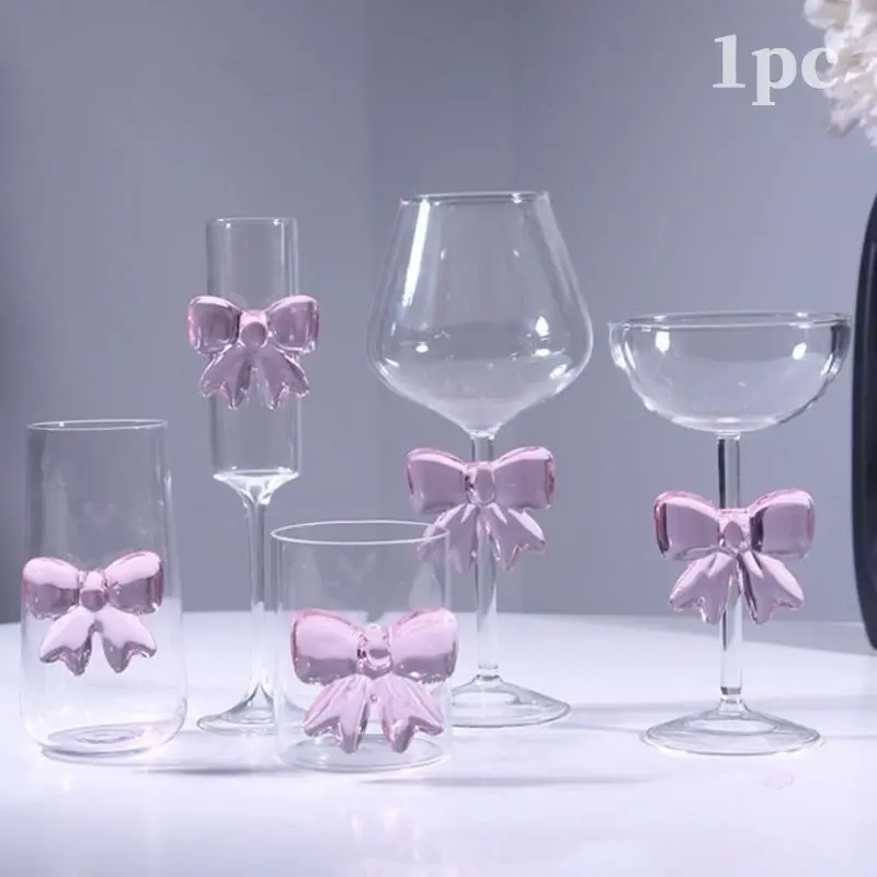 Pink Bow Collection Glass Wine Goblet, Stylish Glass Cups, High Temperature Resistant Food Grade BPA Free Lead & Cadmium Free Clear Drinking Cup, Dishwasher Safe for Fruit Tea Red Wine, Ideal for Home Bar Party Wedding Daily Use, Perfect Gift for Women
