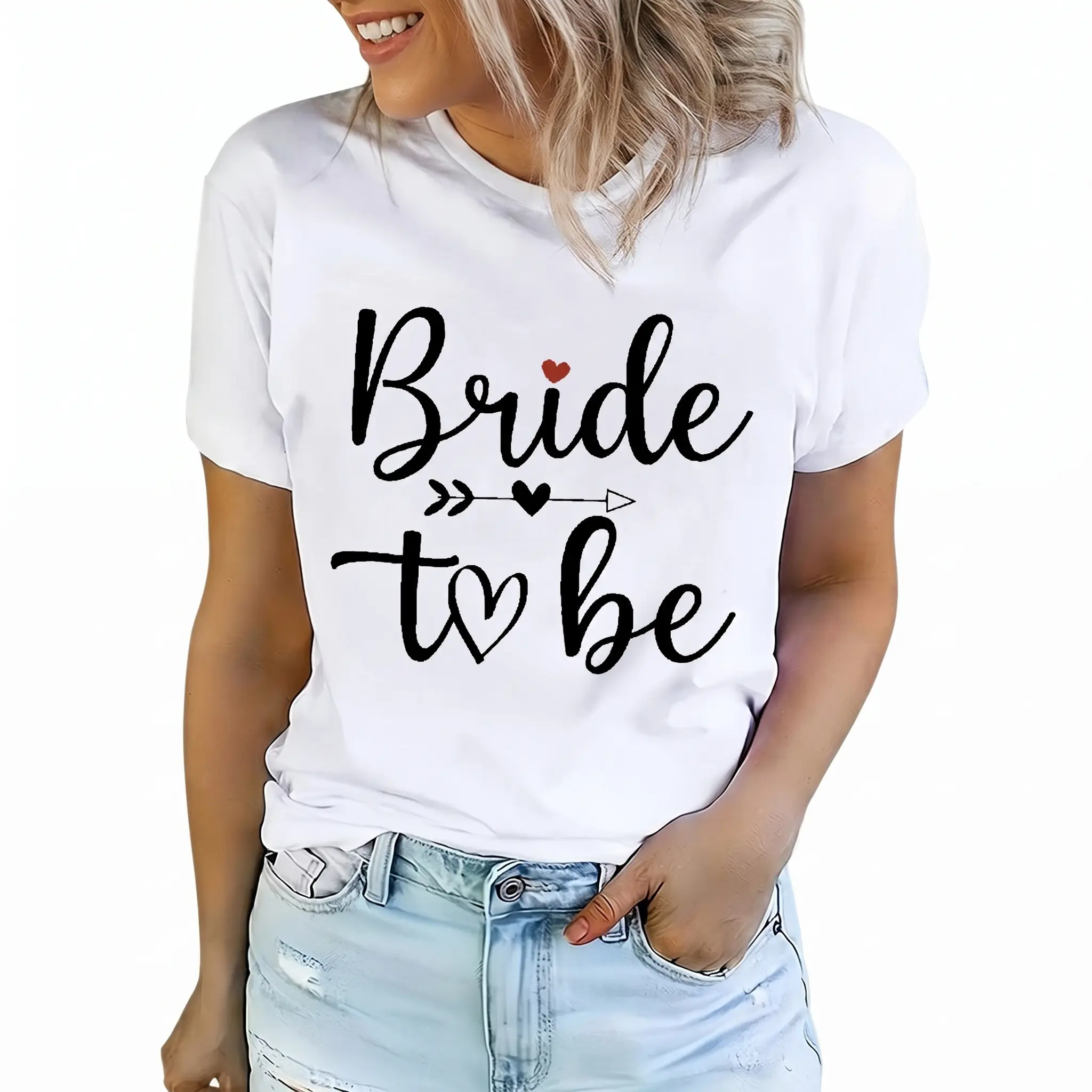 Women's "Bride to Be" Print T-Shirt - Short Sleeve Round Neck Casual Clothes, Bridal Shower Bachelorette Party Top, Shortsleeve, Chic, Elegant, Day, Digital Print, Graphic Print