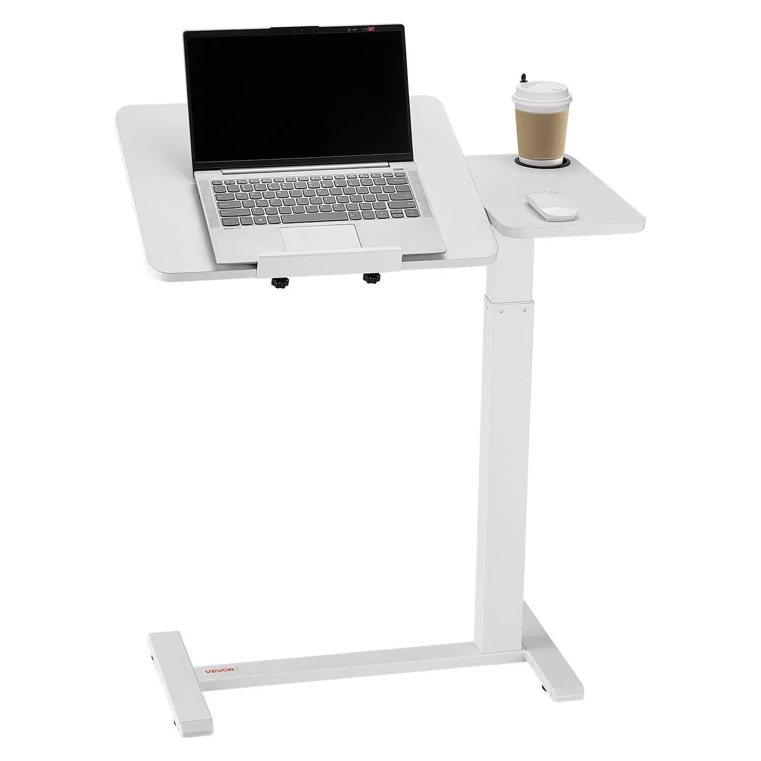 VEVOR Mobile Overbed Computer Desk & Study Desk, Flip Desktop Bedside Table with 4 Hidden Wheels, Anti-Slip Edge, 25.4 in to 40.35 in Height & Angle Adjustable, Cup Holder, 30 kg/66 lbs Portable for Home, Office, White#SohoChic