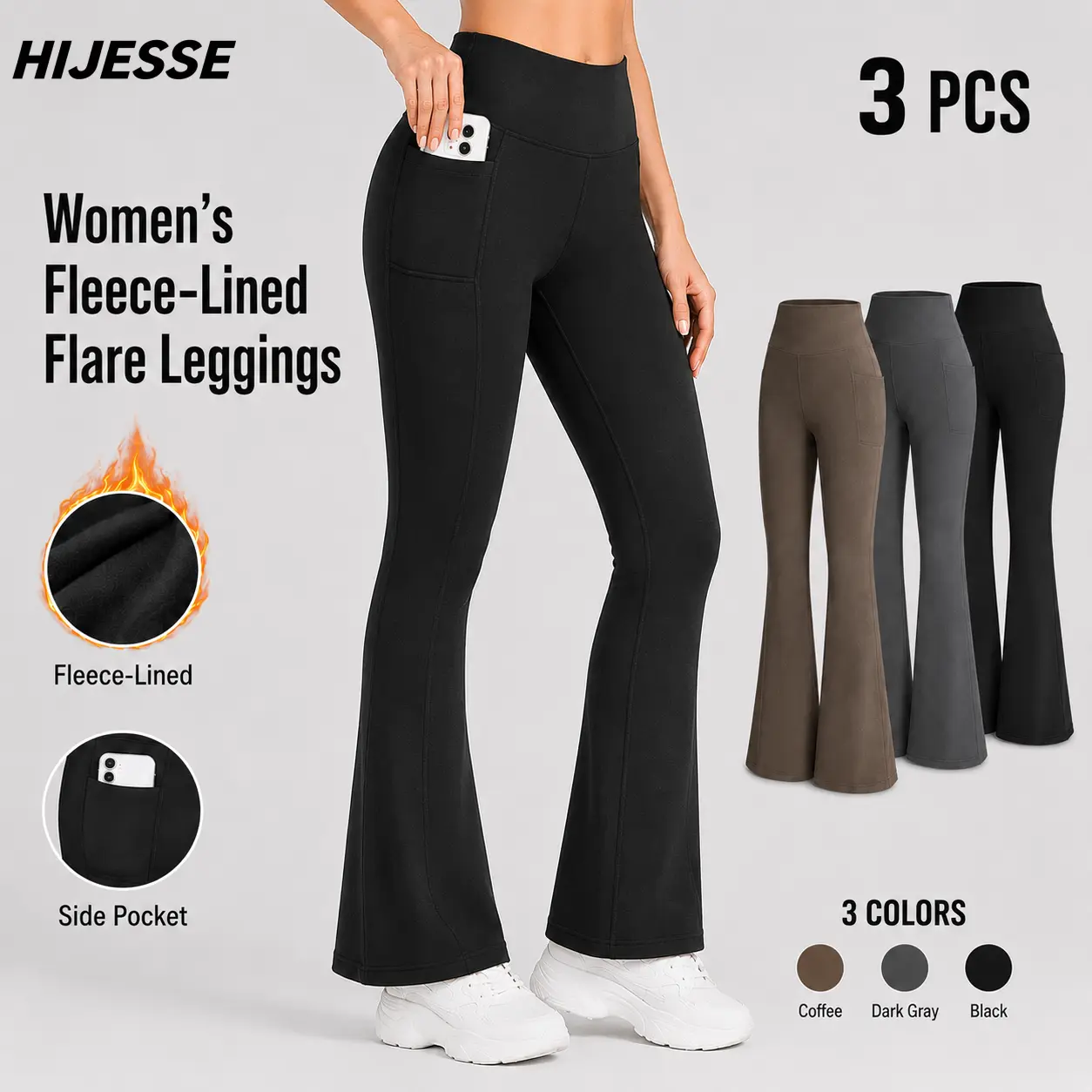 Hijesse winter women's bottoming bell bottoms warm velvet high waist ultra-warm trousers with side pockets designed for comfort and elasticity, warm autumn trousers, solid color, high waist and black warmth.