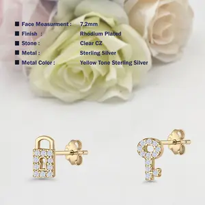 13.9mm Lock & Key Stud Earrings Push Back Cubic Zirconia 925 Sterling Silver Women Round Earring