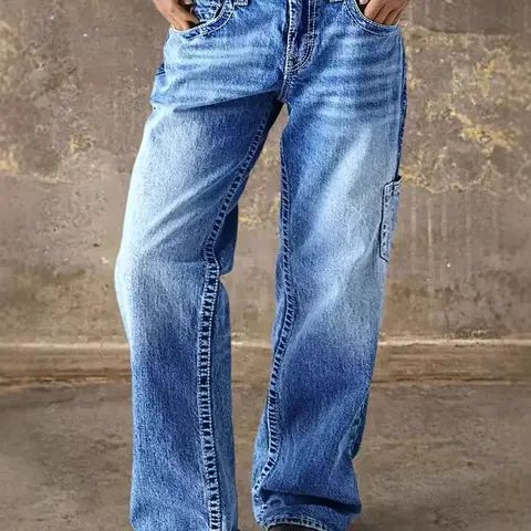 Women's Mid-Rise Stretch Cotton H-Type Wide Leg Jeans - Raw Wash, Bleached, Retro Vintage Draped Streetwear, Utility & Slant Pockets, Minimalist Comfy Button Front Bottoms, Pants for Women, Hang Dry Friendly